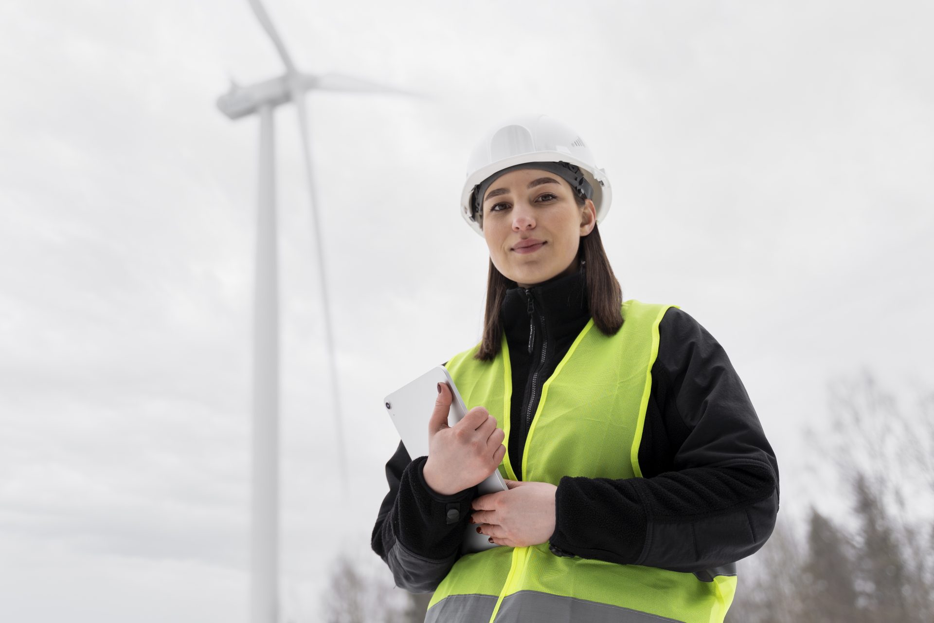 A woman wearing a helmet, safety vest and clipboard stands in front of a wind turbine and smiles into the camera.
