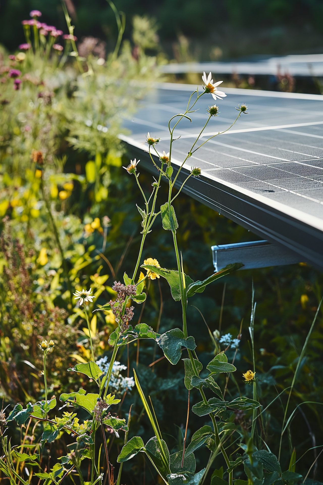 Flowers next to a solar module in the sunlight.