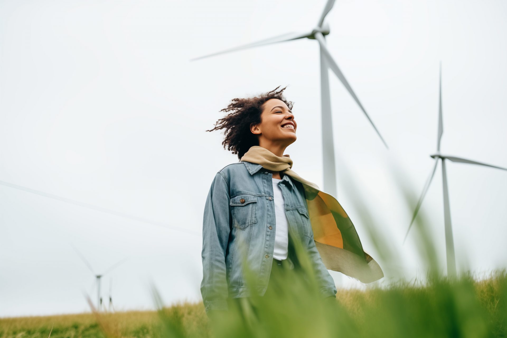 A young woman stands in a wind farm, the wind blowing her scarf around her shoulders and into her hair, several wind turbines in the background.