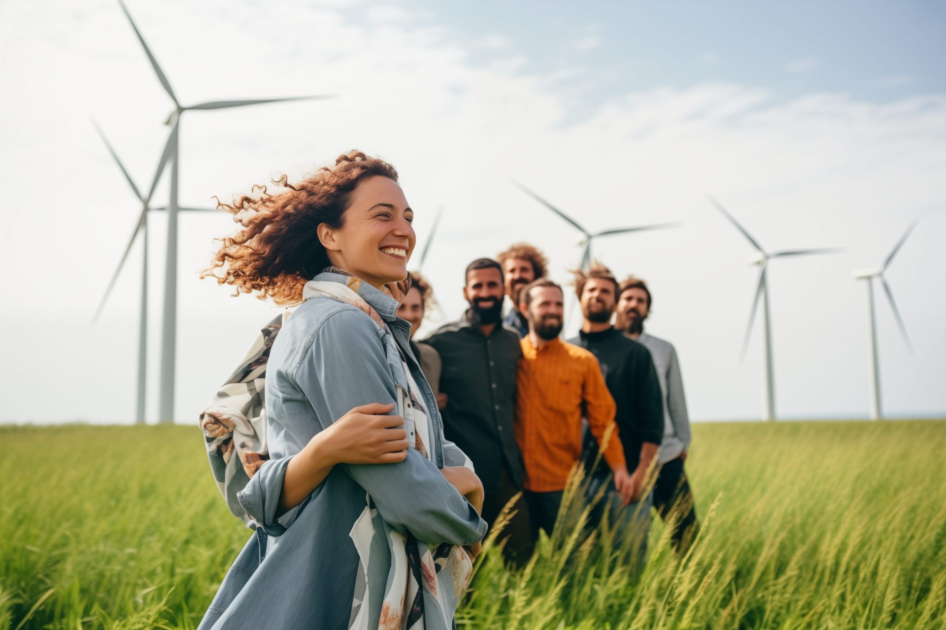 A group of smiling people stand on a green field, with wind turbines in the background.